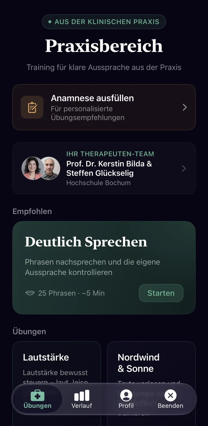 Die Startseite des Praxisbereichs in der App: Übungen für Stimme und Aussprache, das Therapeuten-Team Prof. Dr. Kerstin Bilda und Steffen Glückselig von der Hochschule Bochum und eine empfohlene Übung.